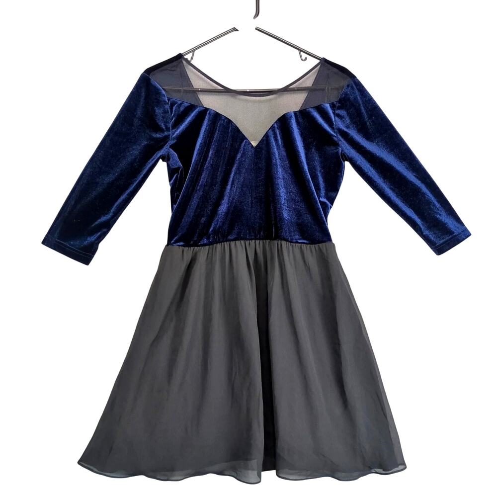 NWT H&M Divided Navy‎ Velvet Black Chiffon Skater Mini Dress Sz 12 Mesh Neckline